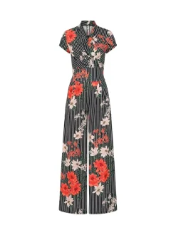 HotSquash Black Pin Striped Floral Wide Leg Jumpsuit