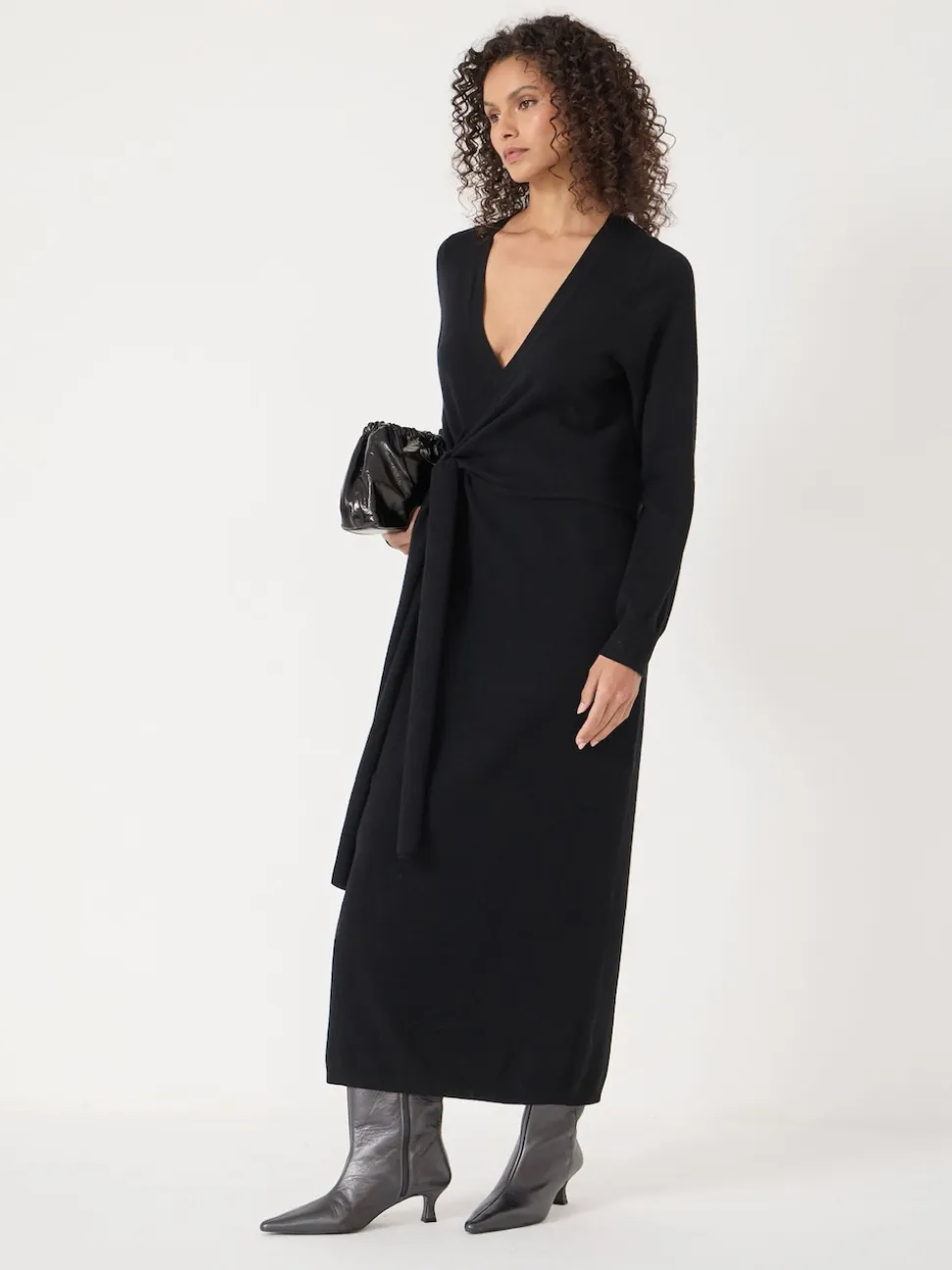 Hush Black Merino V-Neck Tie Detail Dress