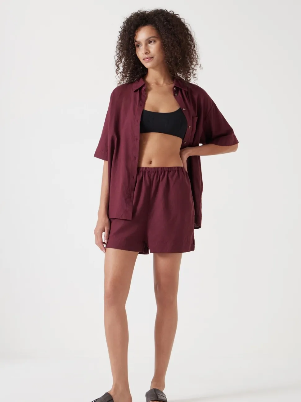 Hush Burgundy Red Lana Linen Blend Shorts