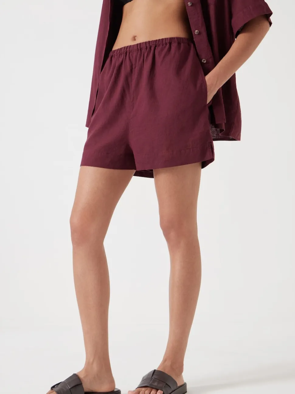 Hush Burgundy Red Lana Linen Blend Shorts