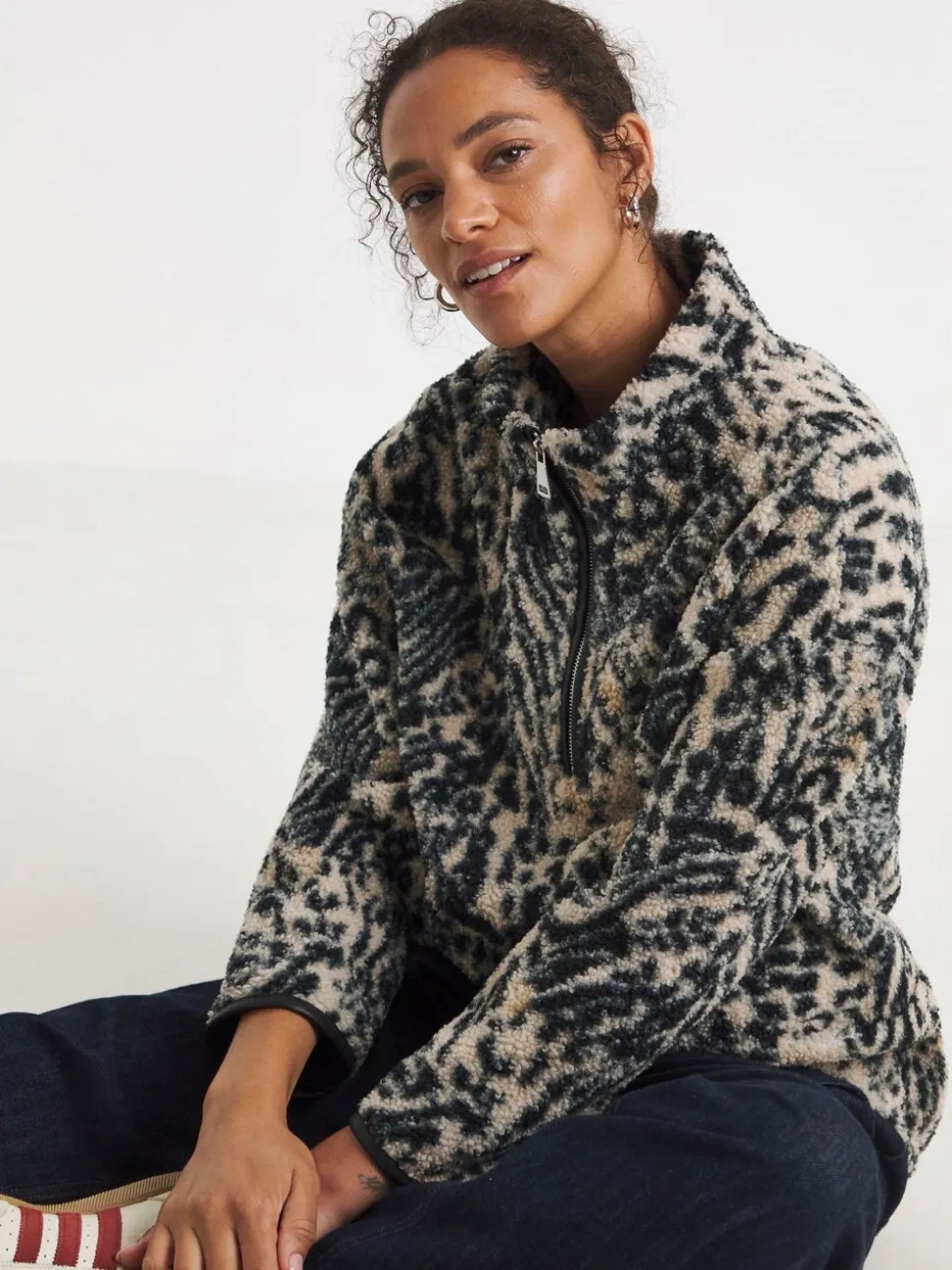 JD Williams Animal Print Longline Quarter Zip Borg Fleece