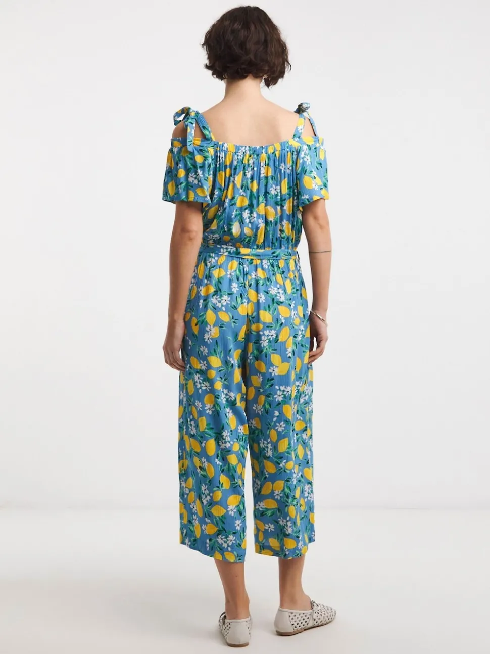 JD Williams Blue Lemon Print Crinkle Tie Strap Jumpsuit