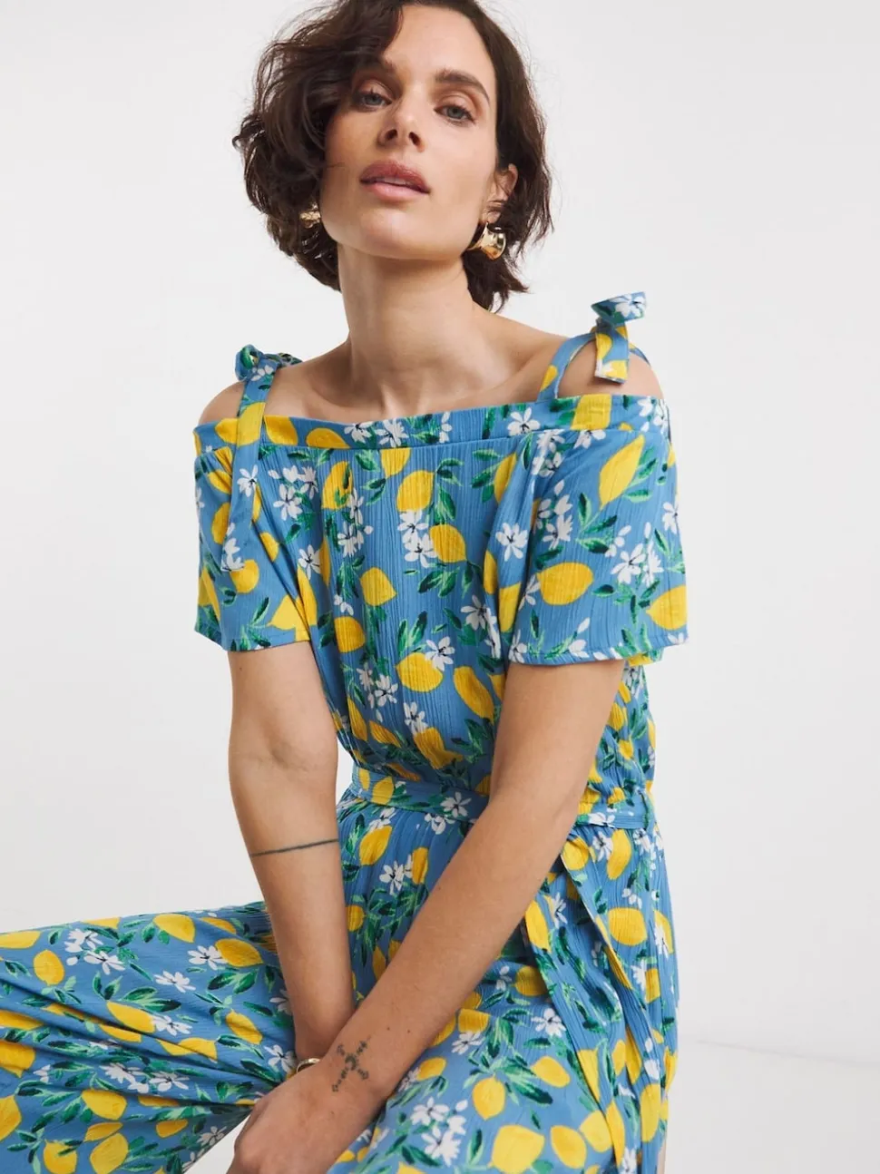 JD Williams Blue Lemon Print Crinkle Tie Strap Jumpsuit