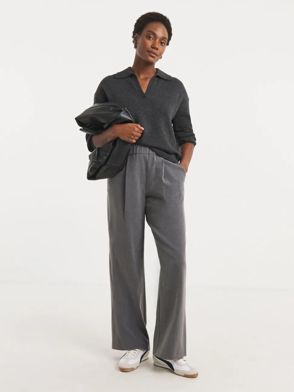 JD Williams Grey Pull On Elastic Waist Wide Leg Trousers