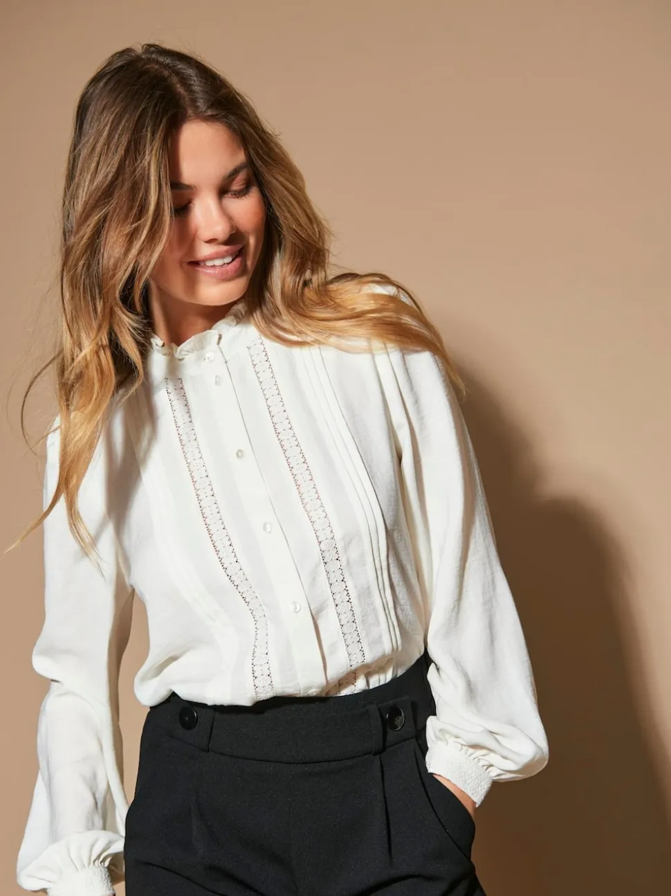 JDY White Lace Detail Long Sleeve Shirt