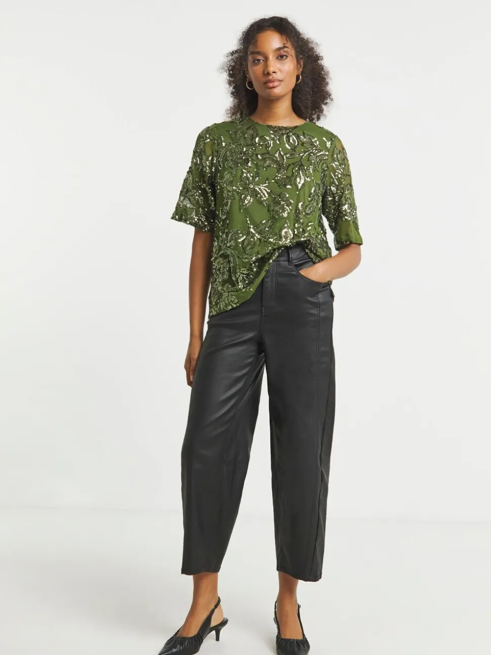 Joanna Hope Floral Sequin Green Blouse