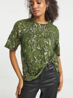 Joanna Hope Floral Sequin Green Blouse