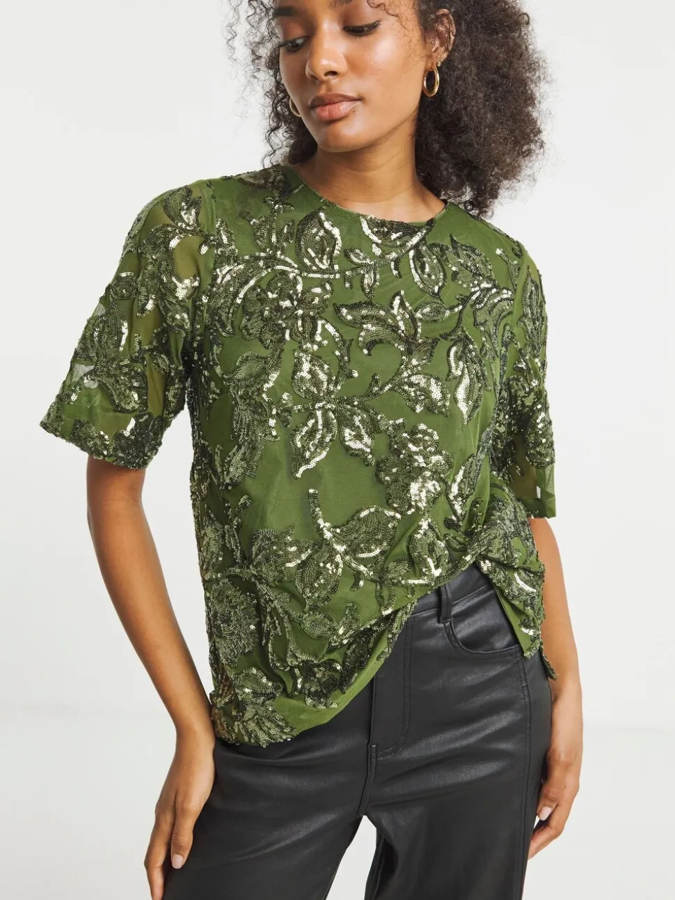 Joanna Hope Floral Sequin Green Blouse