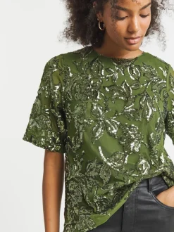 Joanna Hope Floral Sequin Green Blouse