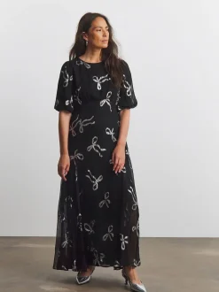 Joanna Hope Lurex Bow Tea Maxi Dress With Sheer Black Skirt