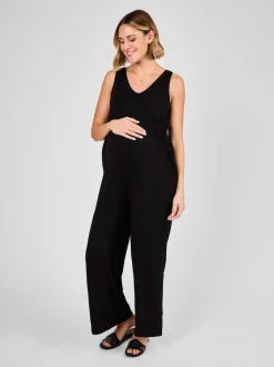 JoJo Maman Bébé Black Palm Tree Strap Maternity Wide Leg Jersey Jumpsuit