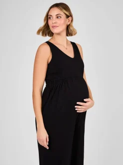 JoJo Maman Bébé Black Palm Tree Strap Maternity Wide Leg Jersey Jumpsuit