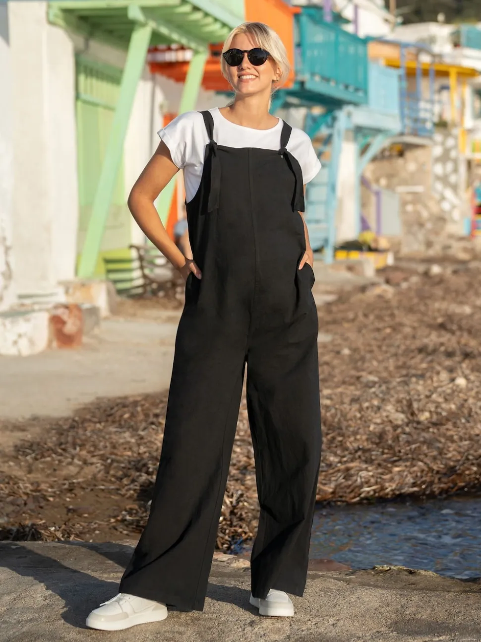 JoJo Maman Bébé Black Wide Leg Maternity Linen Dungaree