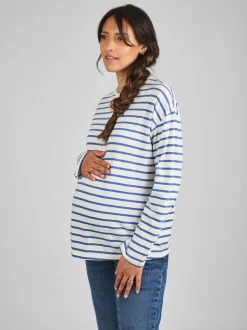 JoJo Maman Bébé Blue & Cream Stripe Long Sleeve Boyfriend Maternity T-Shirt