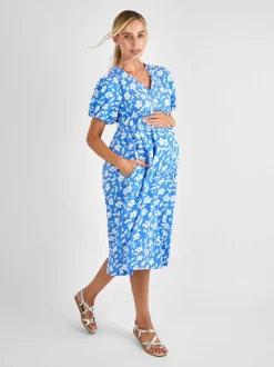 JoJo Maman Bébé Blue Floral Print Maternity Midi Dress