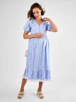 JoJo Maman Bébé Blue Floral Print Maternity Midi Dress