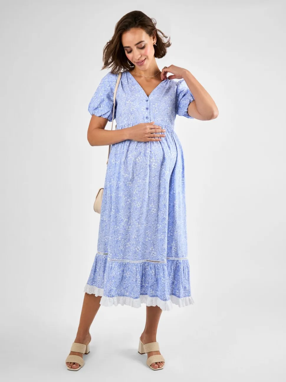 JoJo Maman Bébé Blue Floral Print Maternity Midi Dress