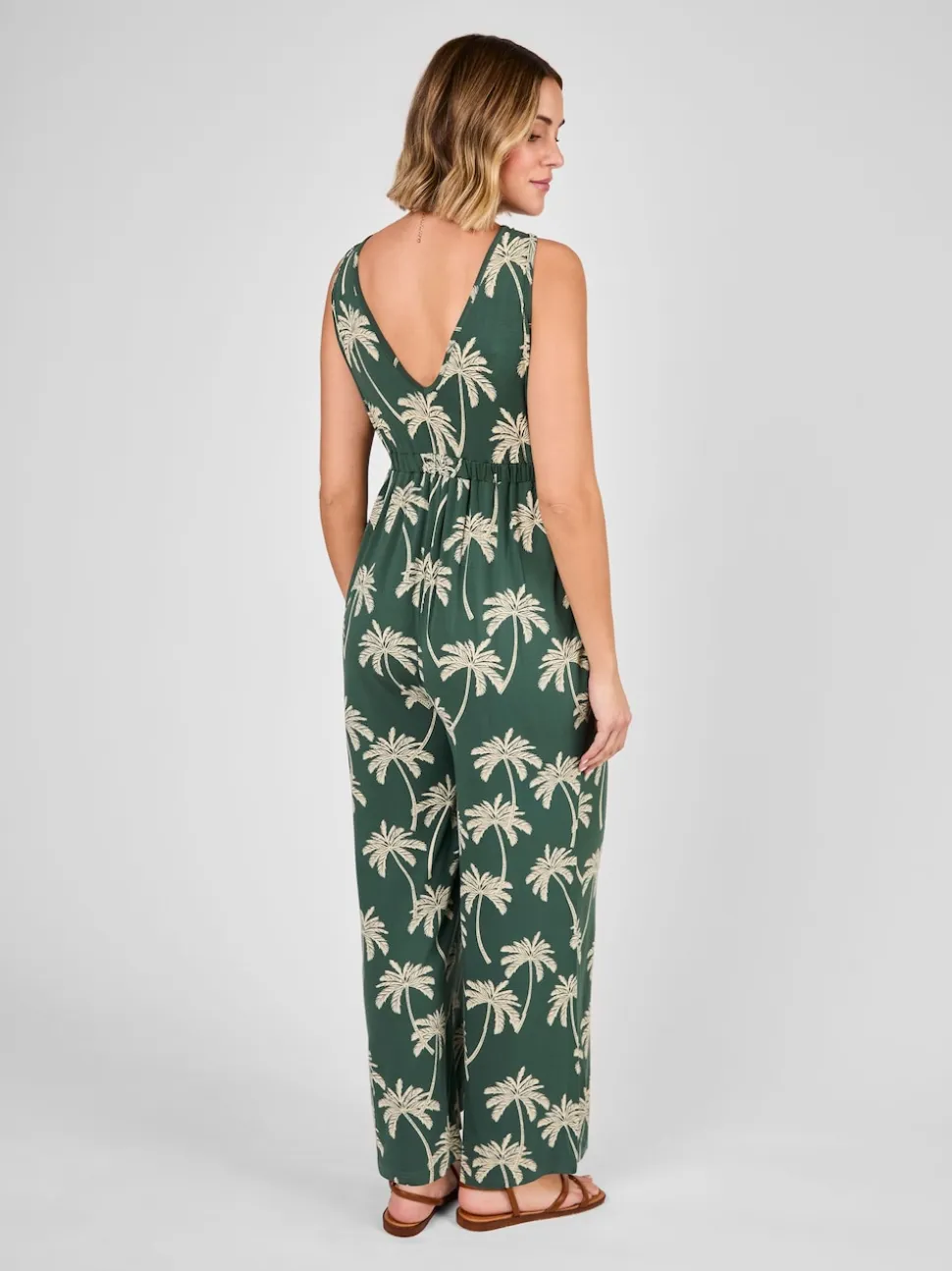 JoJo Maman Bébé Green Palm Tree Strap Maternity Wide Leg Jersey Jumpsuit