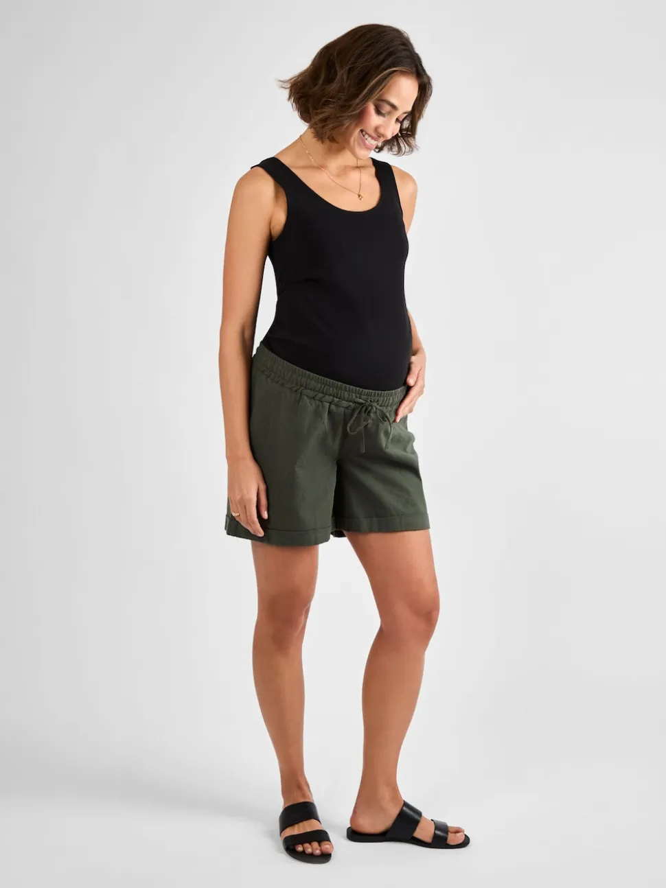 JoJo Maman Bébé Khaki Linen Blend Drawstring Waist Maternity Shorts