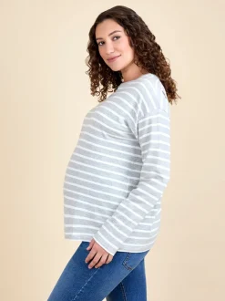 JoJo Maman Bébé Light Grey Stripe Long Sleeve Boyfriend Maternity T-Shirt