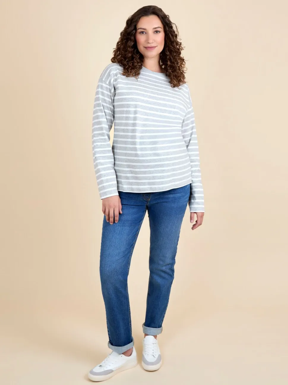 JoJo Maman Bébé Light Grey Stripe Long Sleeve Boyfriend Maternity T-Shirt