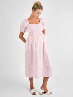 JoJo Maman Bébé Light Pink Short Puff Sleeve Shirred Midi Dress