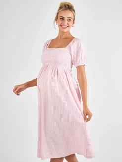 JoJo Maman Bébé Light Pink Short Puff Sleeve Shirred Midi Dress