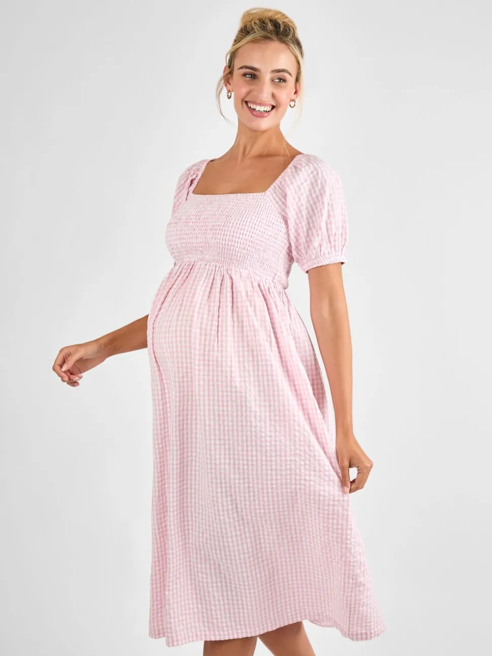JoJo Maman Bébé Light Pink Short Puff Sleeve Shirred Midi Dress