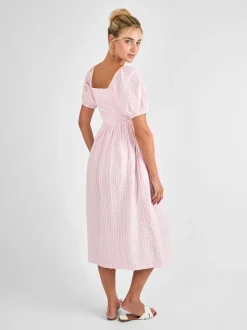 JoJo Maman Bébé Light Pink Short Puff Sleeve Shirred Midi Dress