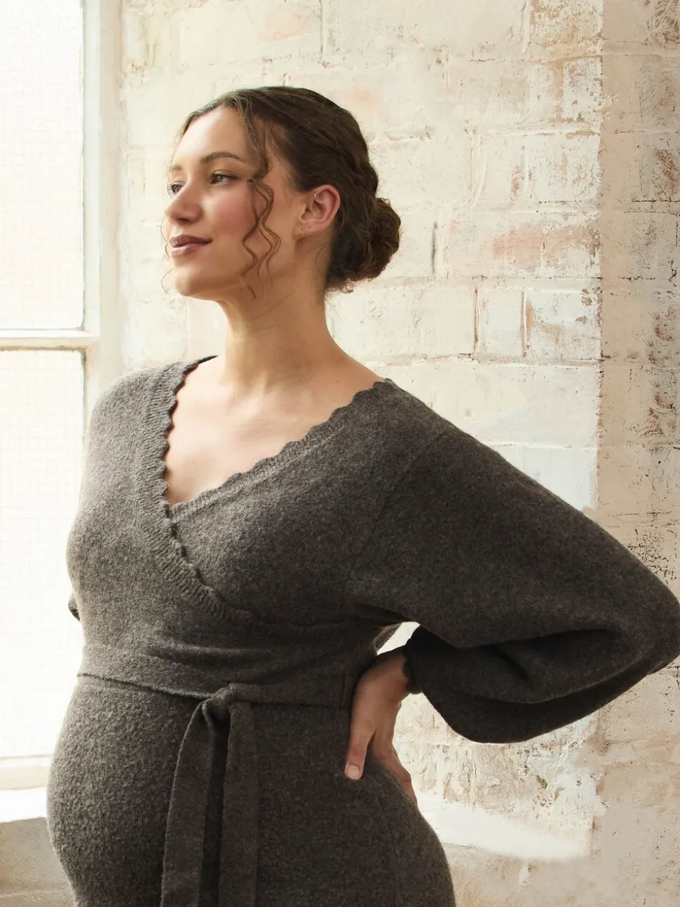 JoJo Maman Bébé Mocha Blouson Sleeve Maternity Knitted Midi Dress