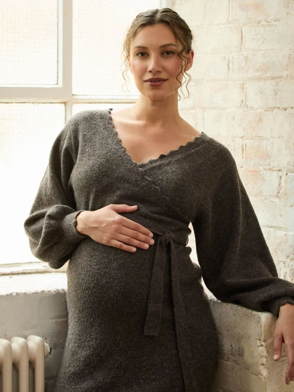 JoJo Maman Bébé Mocha Blouson Sleeve Maternity Knitted Midi Dress