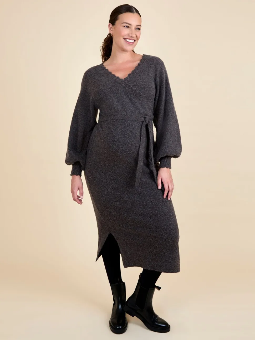 JoJo Maman Bébé Mocha Blouson Sleeve Maternity Knitted Midi Dress