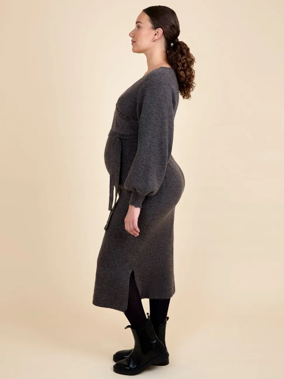 JoJo Maman Bébé Mocha Blouson Sleeve Maternity Knitted Midi Dress