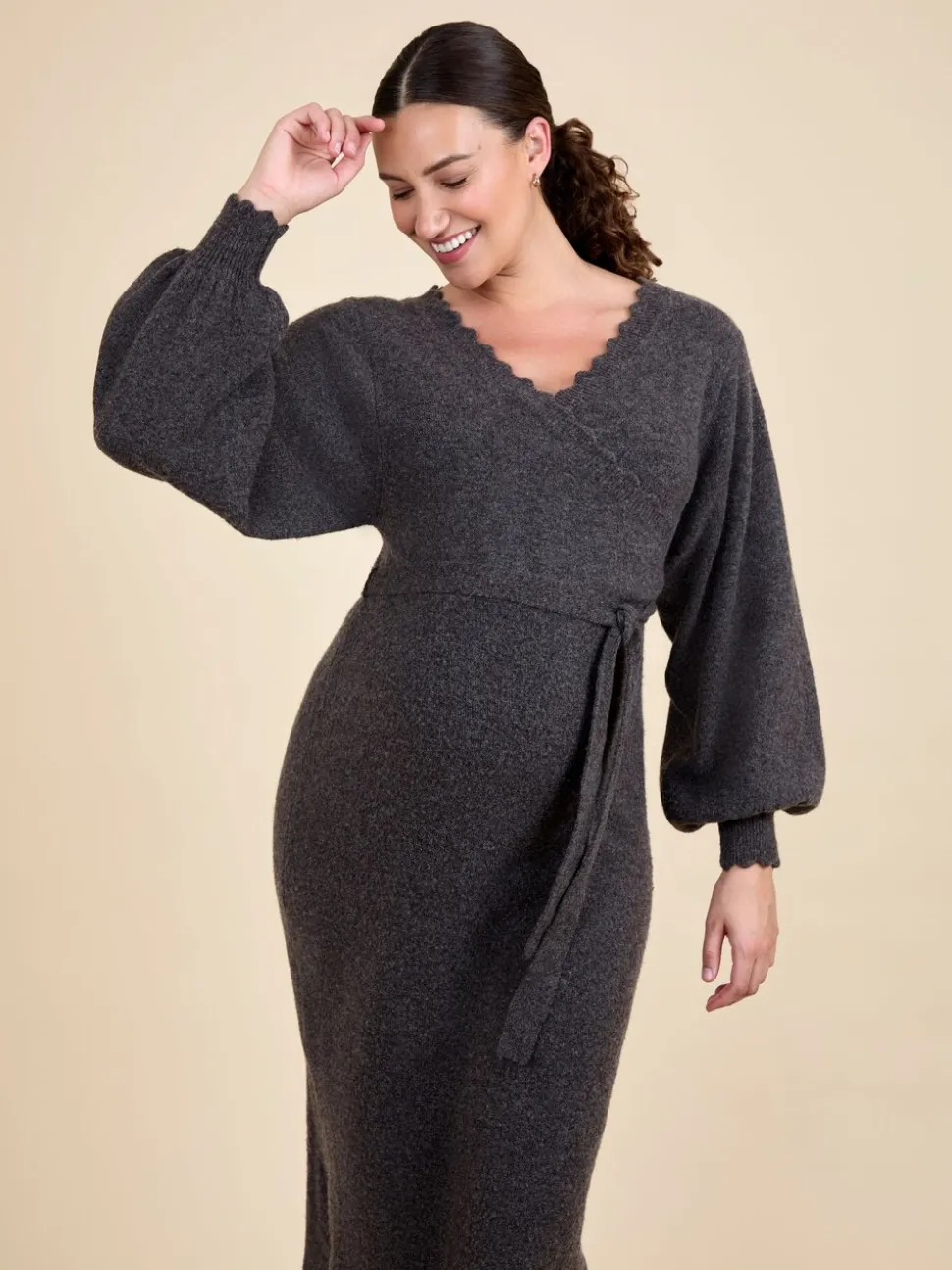 JoJo Maman Bébé Mocha Blouson Sleeve Maternity Knitted Midi Dress