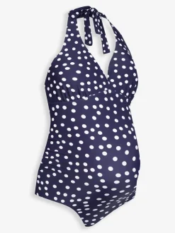 JoJo Maman Bébé Navy Blue & White Spot Sleeveless Tie Halterneck Maternity Swimsuit