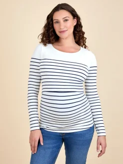 JoJo Maman Bébé Navy Ecru Stripe Stripe Long Sleeve Maternity & Nursing Top