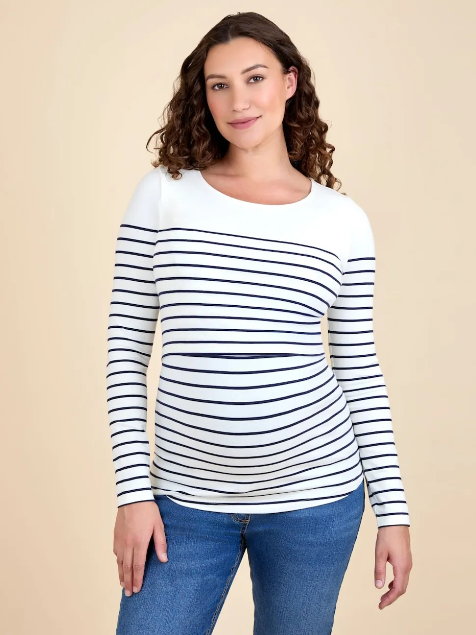 JoJo Maman Bébé Navy Ecru Stripe Stripe Long Sleeve Maternity & Nursing Top