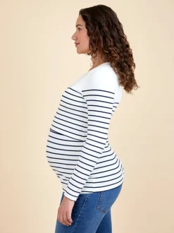 JoJo Maman Bébé Navy Ecru Stripe Stripe Long Sleeve Maternity & Nursing Top