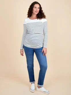 JoJo Maman Bébé Navy Ecru Stripe Stripe Long Sleeve Maternity & Nursing Top