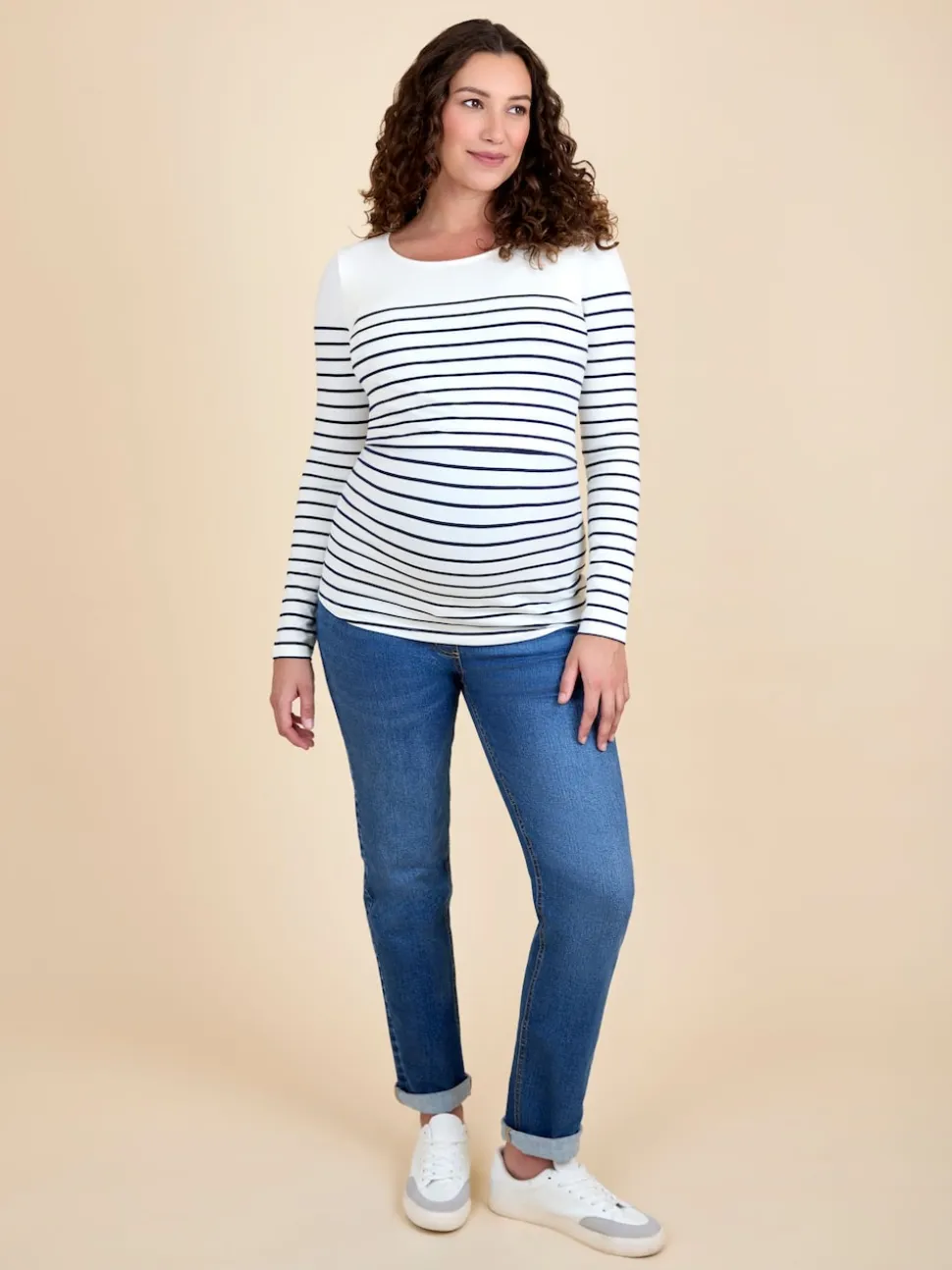 JoJo Maman Bébé Navy Ecru Stripe Stripe Long Sleeve Maternity & Nursing Top