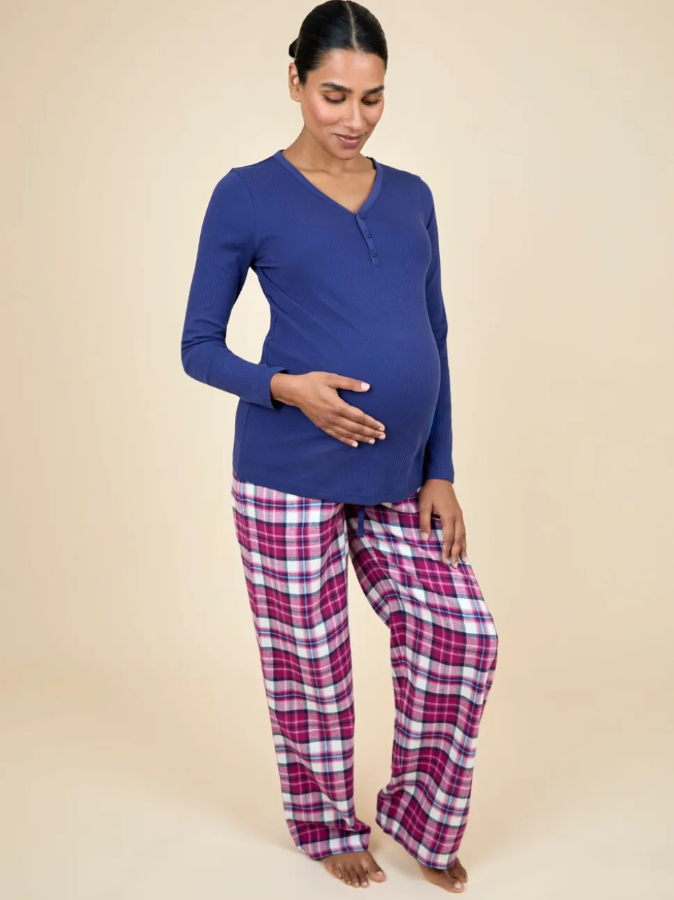 JoJo Maman Bébé Navy Maternity Check Pyjama Set