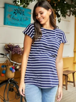 JoJo Maman Bébé Navy White Stripe Boyfriend Maternity Cotton T-Shirt