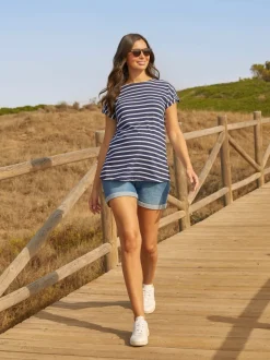 JoJo Maman Bébé Navy White Stripe Boyfriend Maternity Cotton T-Shirt