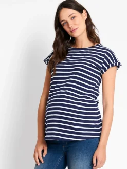 JoJo Maman Bébé Navy White Stripe Boyfriend Maternity Cotton T-Shirt