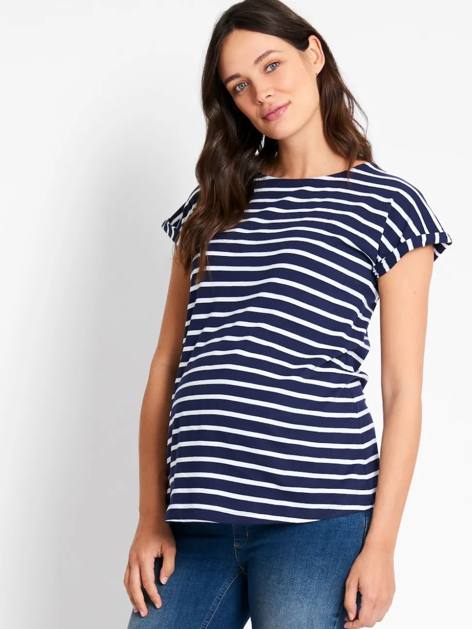 JoJo Maman Bébé Navy White Stripe Boyfriend Maternity Cotton T-Shirt