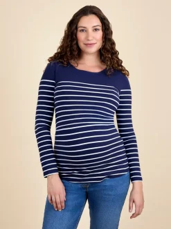 JoJo Maman Bébé Navy White Stripe Stripe Long Sleeve Maternity & Nursing Top