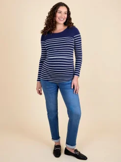 JoJo Maman Bébé Navy White Stripe Stripe Long Sleeve Maternity & Nursing Top