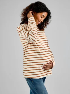 JoJo Maman Bébé Oatmeal & Toffee Stripe Long Sleeve Boyfriend Maternity T-Shirt