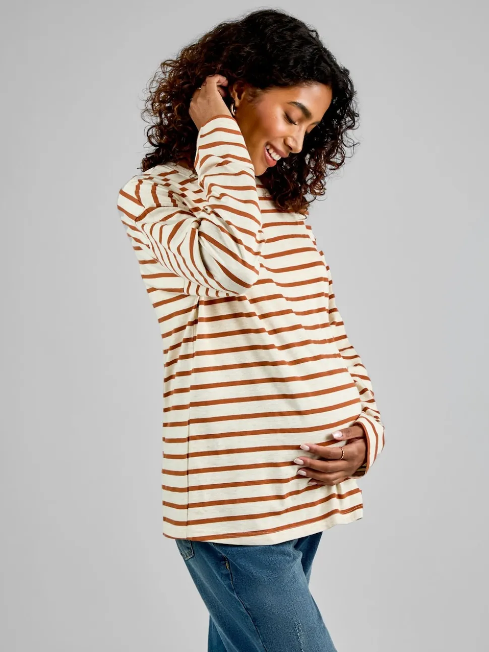 JoJo Maman Bébé Oatmeal & Toffee Stripe Long Sleeve Boyfriend Maternity T-Shirt