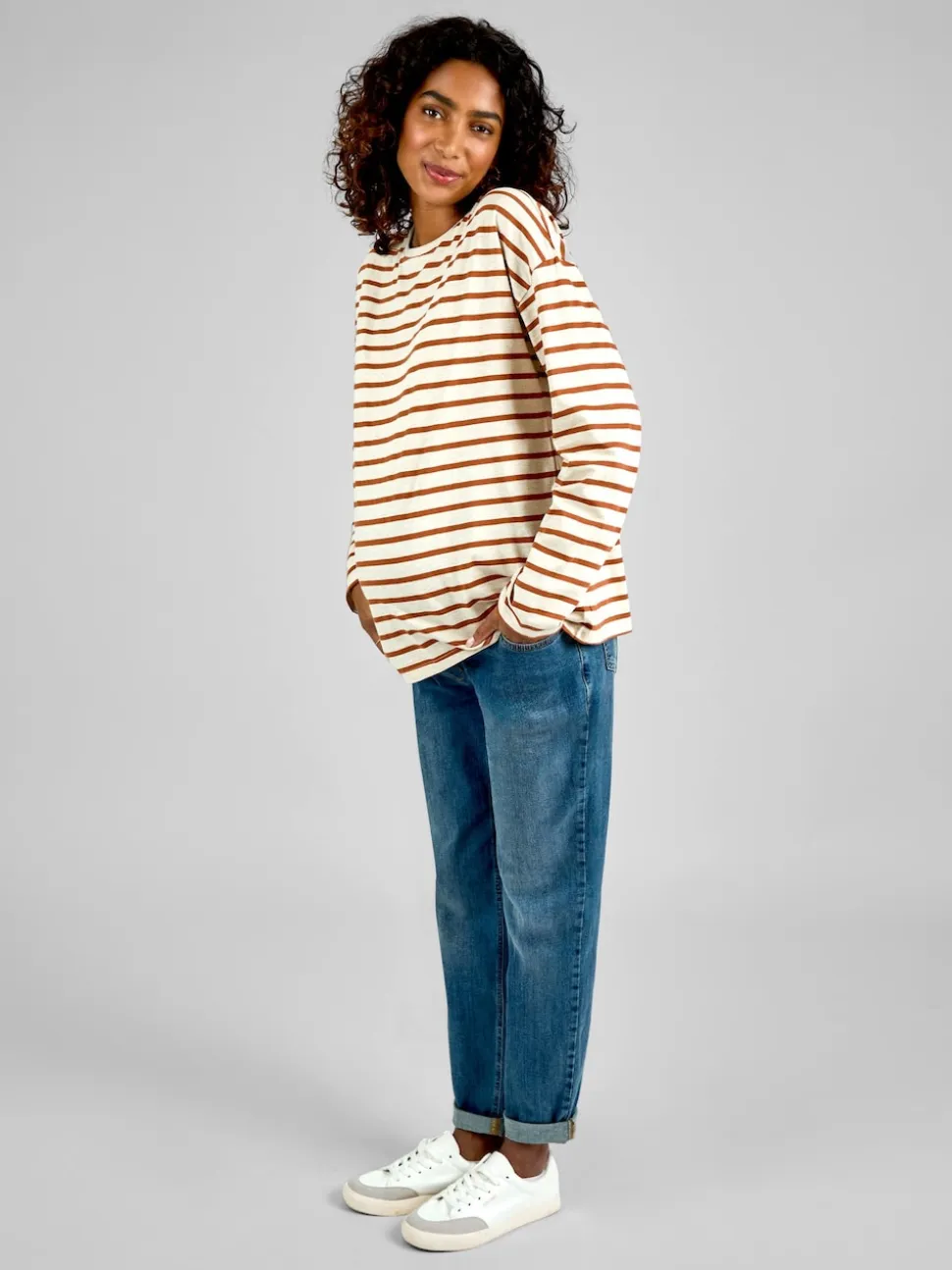 JoJo Maman Bébé Oatmeal & Toffee Stripe Long Sleeve Boyfriend Maternity T-Shirt